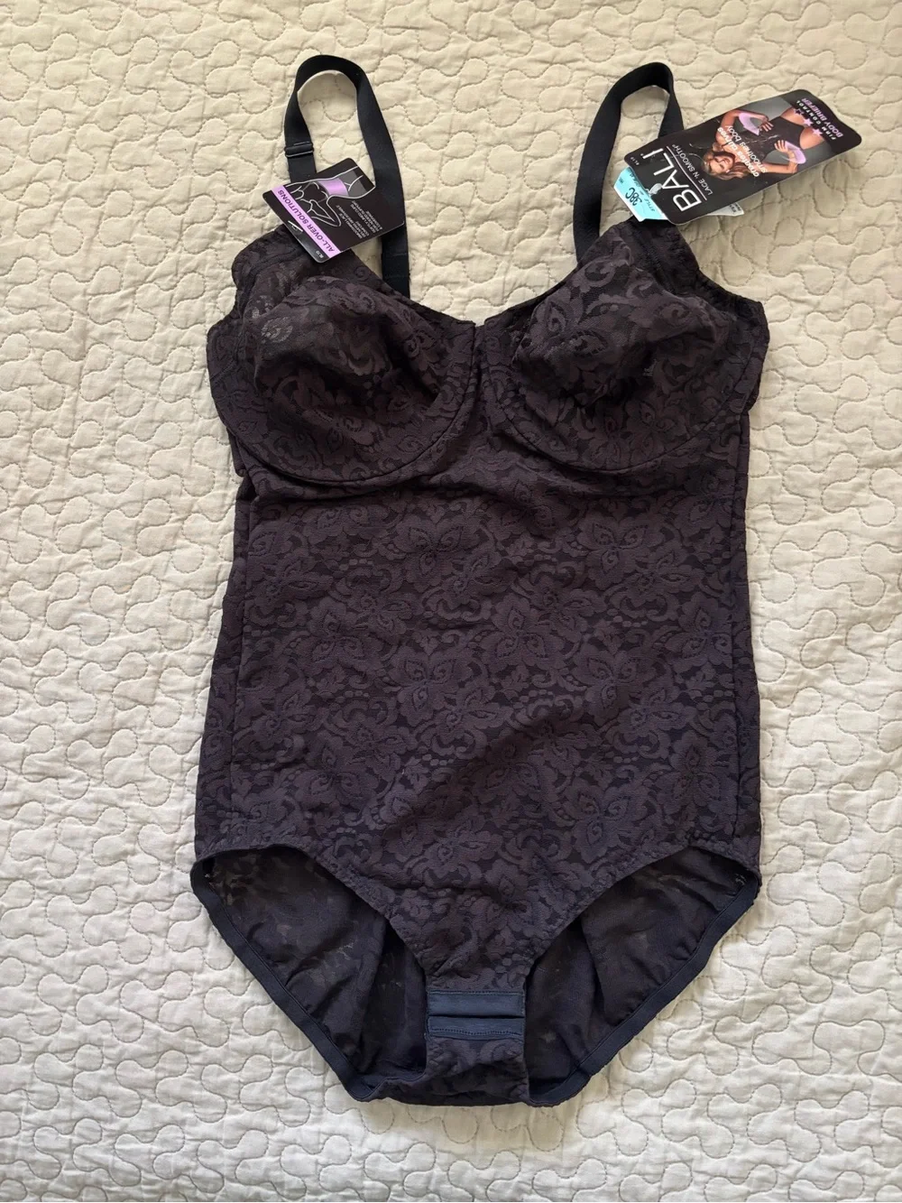Bali 38C Black Lace Shaping Bodysuit